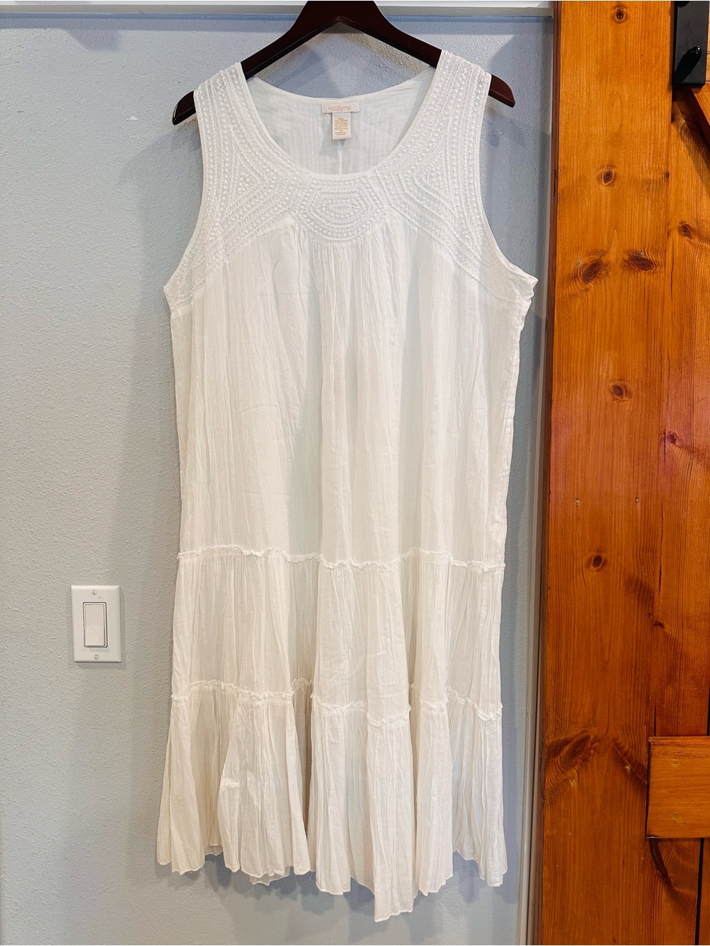 Sleeveless White Tiered 100% Cotton Midi Dress with Embroidered Yoke